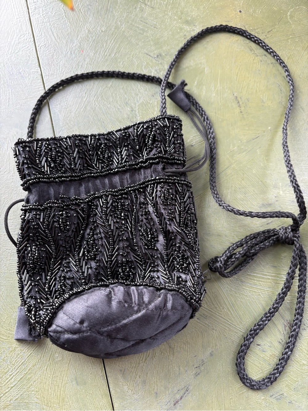 Black Beaded Drawstring Crossbody Bag